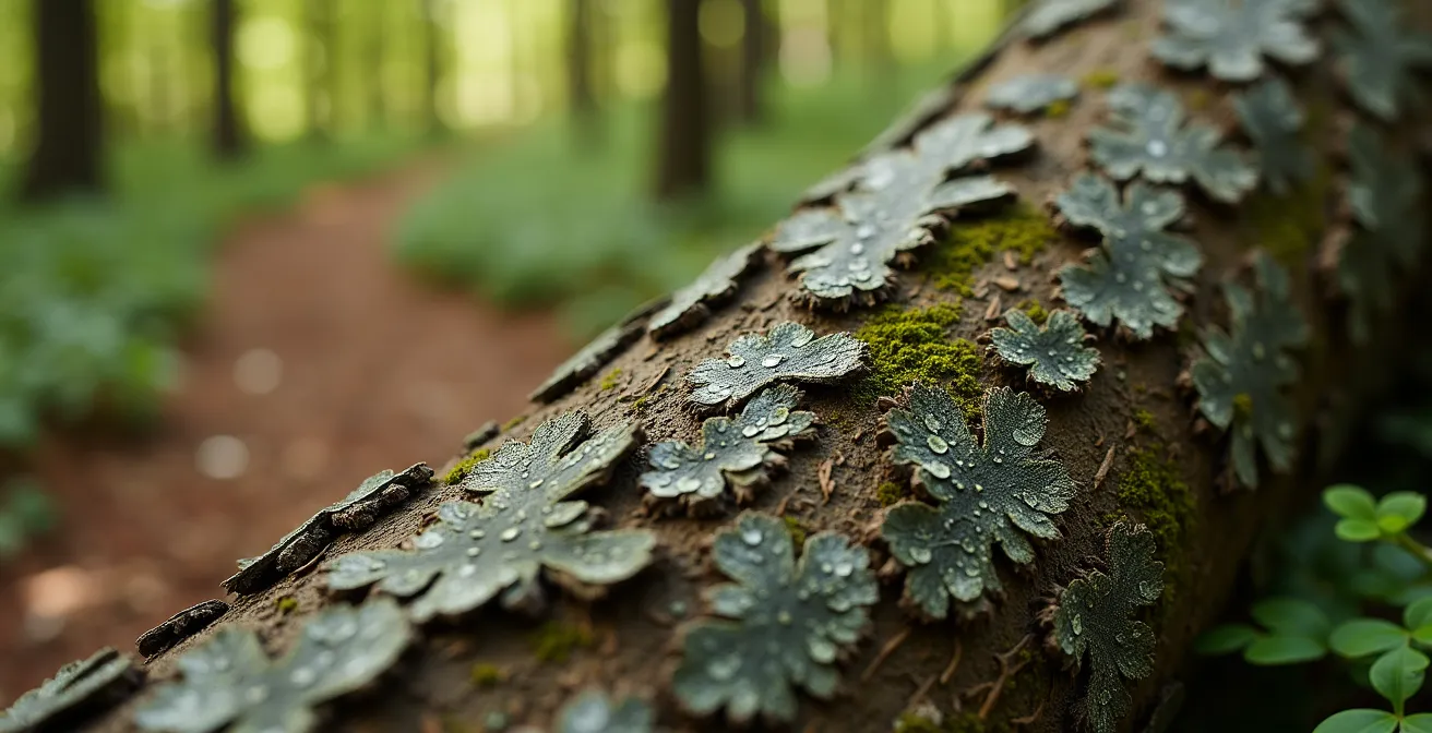 Détail macro de l'écorce d'une bûche de chêne avec lichens naturels