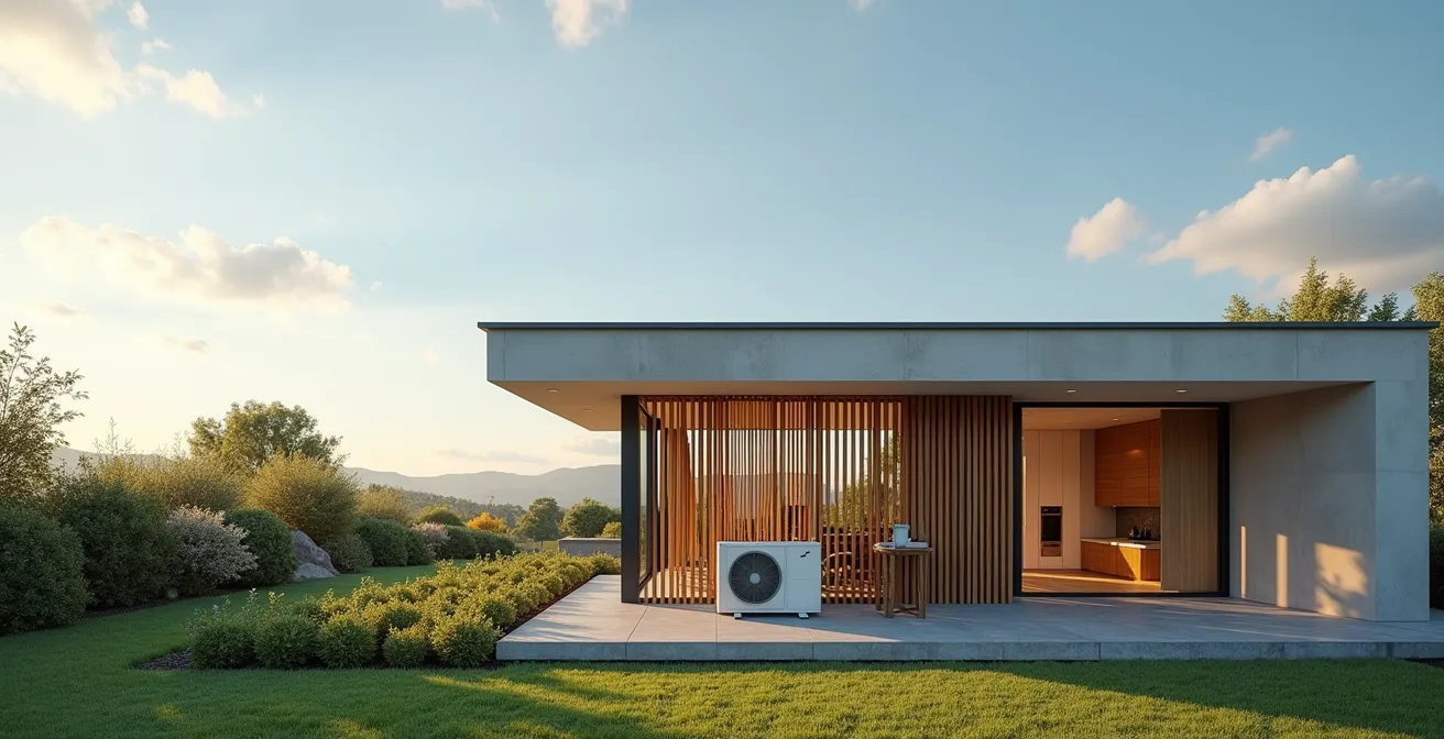 Vue extérieure d'une maison moderne avec unité de pompe à chaleur dans le jardin