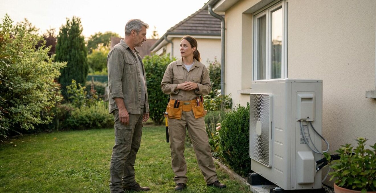Propriétaire discutant avec une technicienne chauffagiste devant une pompe à chaleur