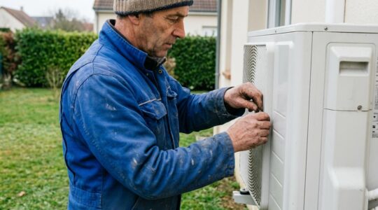 Technicien chauffagiste certifié RGE inspectant une unité extérieure de pompe à chaleur résidentielle