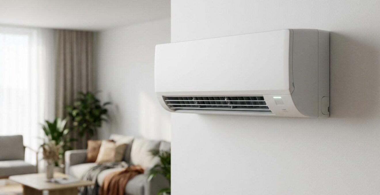 Unité intérieure de pompe à chaleur air-eau installée dans un salon moderne
