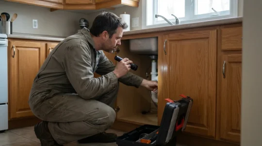 Plombier professionnel inspectant tuyauterie sous évier cuisine résidentielle Montréal