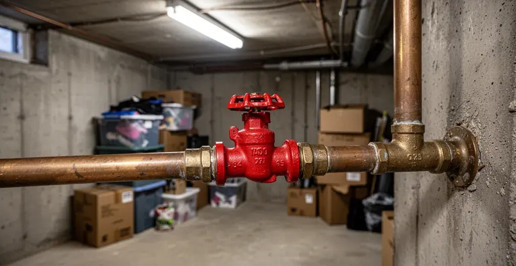 Vanne d'arrêt d'eau rouge sur tuyau cuivre dans sous-sol québécois