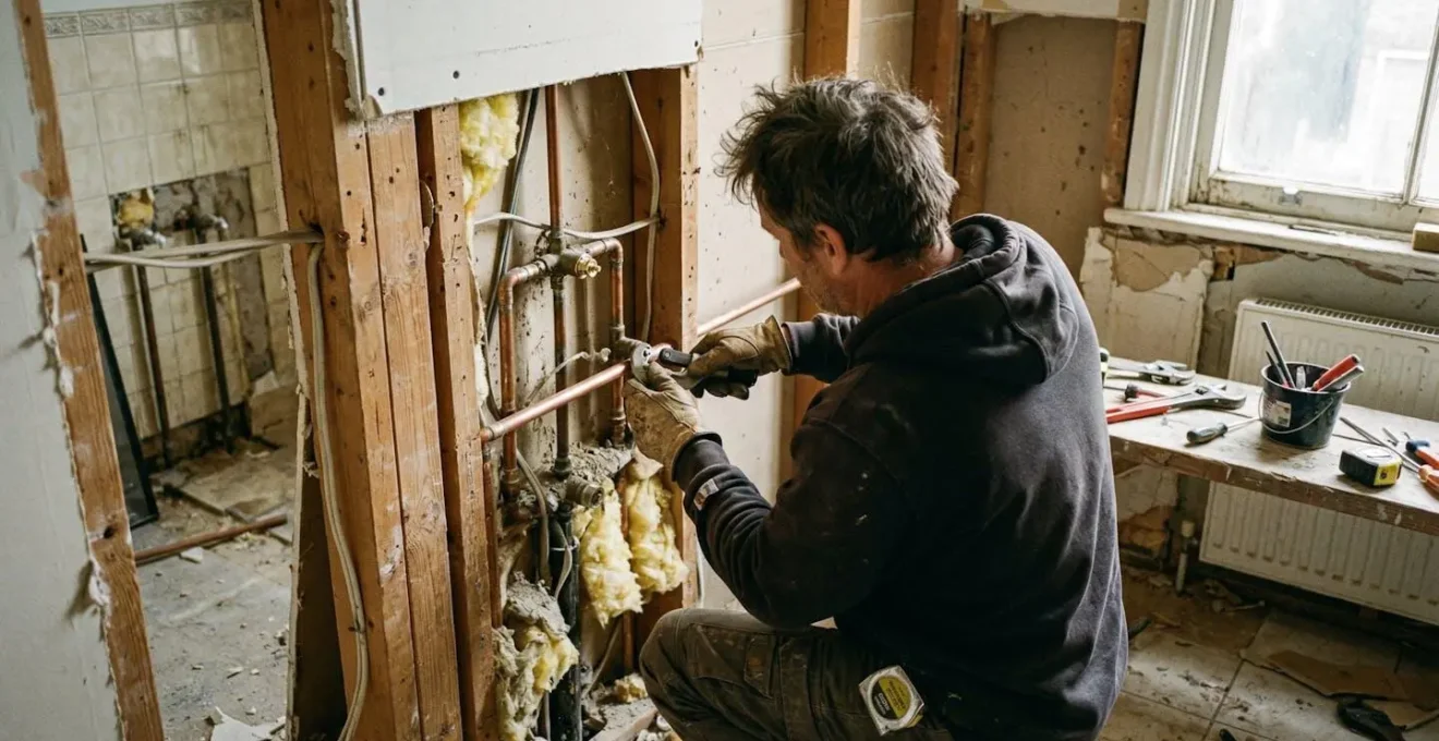 Artisan vu de dos travaillant sur une installation de plomberie dans une salle de bain en cours de rénovation