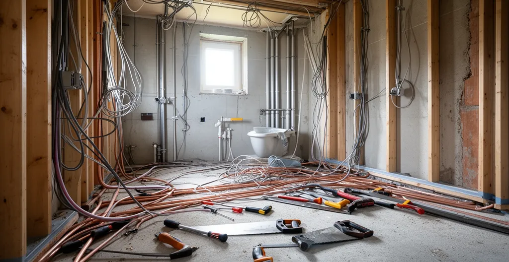 Chantier de rénovation désorganisé avec fils électriques apparents et tuyaux de plomberie inachevés