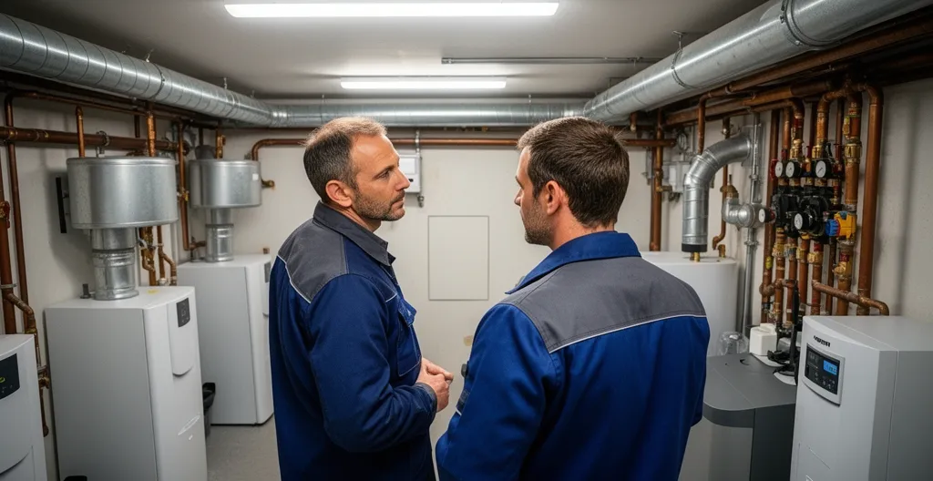 Propriétaire et technicien chauffagiste discutant dans une chaufferie lors d'un diagnostic PAC