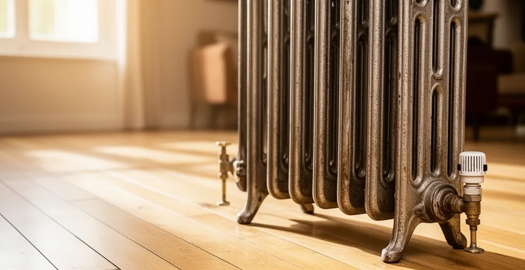 Radiateur en fonte avec vanne thermostatique dans une pièce de maison ancienne (compatibilité PAC)