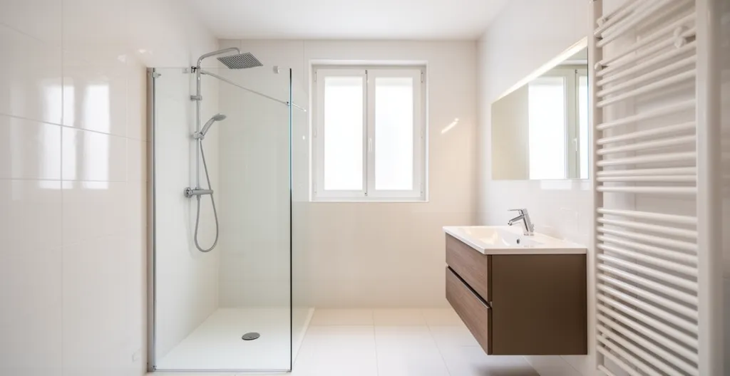 Salle de bain moderne rénovée avec douche, lavabo et radiateur sèche-serviettes