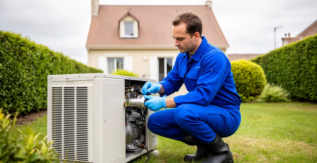 Technicien inspectant une pompe à chaleur installée à l'extérieur d'une maison