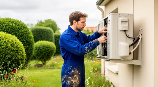 Technicien chauffagiste vérifiant une unité extérieure de pompe à chaleur (PAC air-eau) installée sur une maison