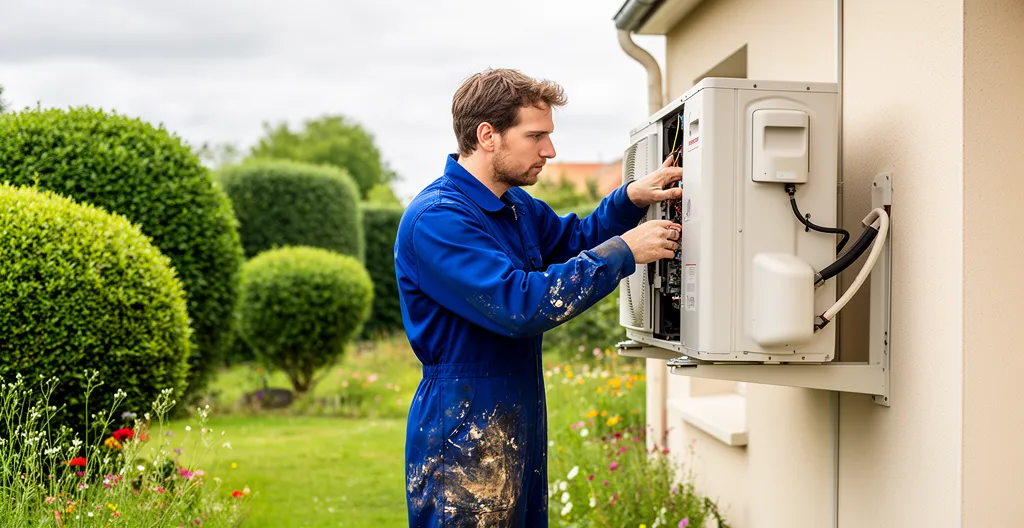 Technicien chauffagiste vérifiant une unité extérieure de pompe à chaleur (PAC air-eau) installée sur une maison