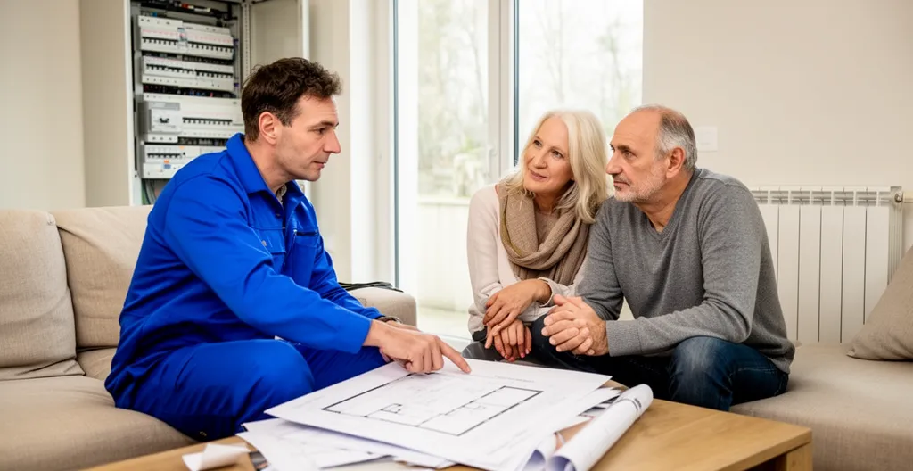 Technicien en rénovation expliquant un projet à des propriétaires dans leur salon à Cholet