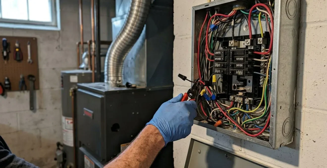 Mains d'un technicien intervenant sur des câbles dans un tableau électrique, arrière-plan flouté avec équipement de chauffage