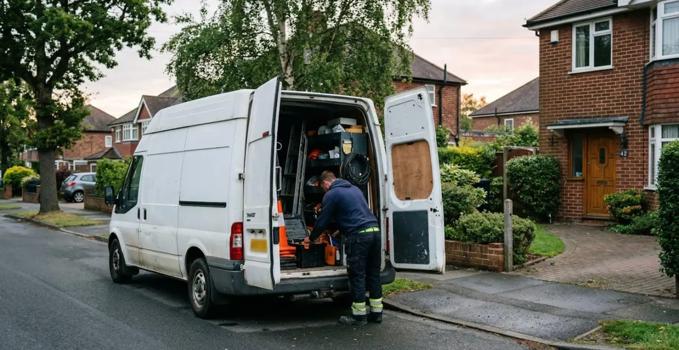 Véhicule utilitaire blanc stationné devant une maison individuelle avec porte arrière ouverte et matériel visible