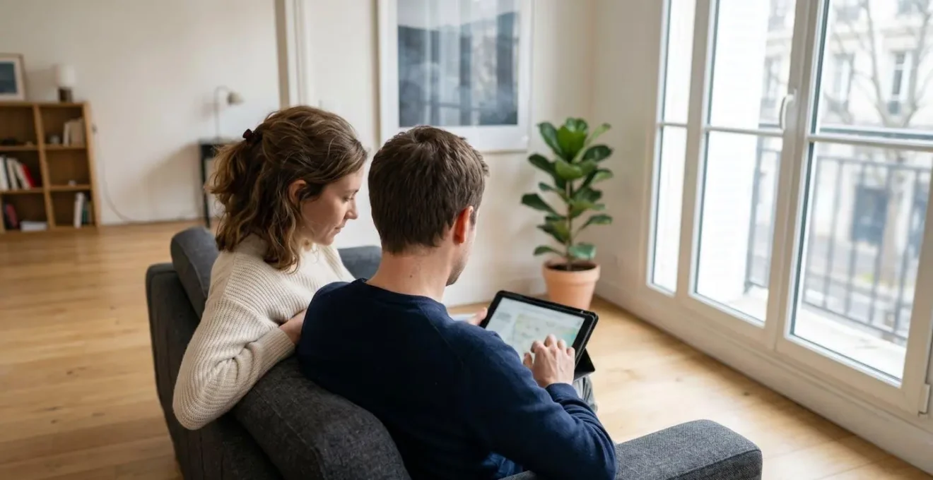 Un couple trentenaire assis côte à côte sur un canapé contemporain, consultant ensemble une tablette dans un salon lumineux avec baie vitrée