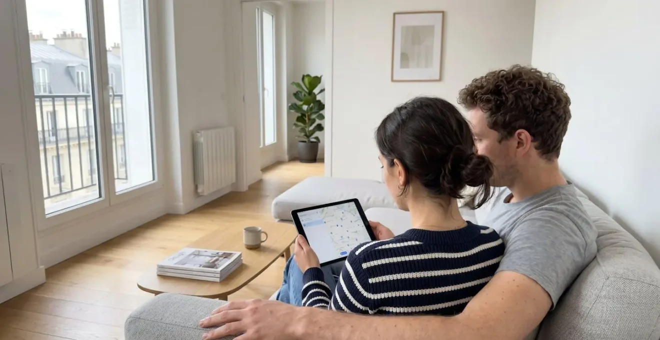 Un couple trentenaire assis côte à côte sur un canapé contemporain, consultant ensemble une tablette dans un salon lumineux avec baie vitrée