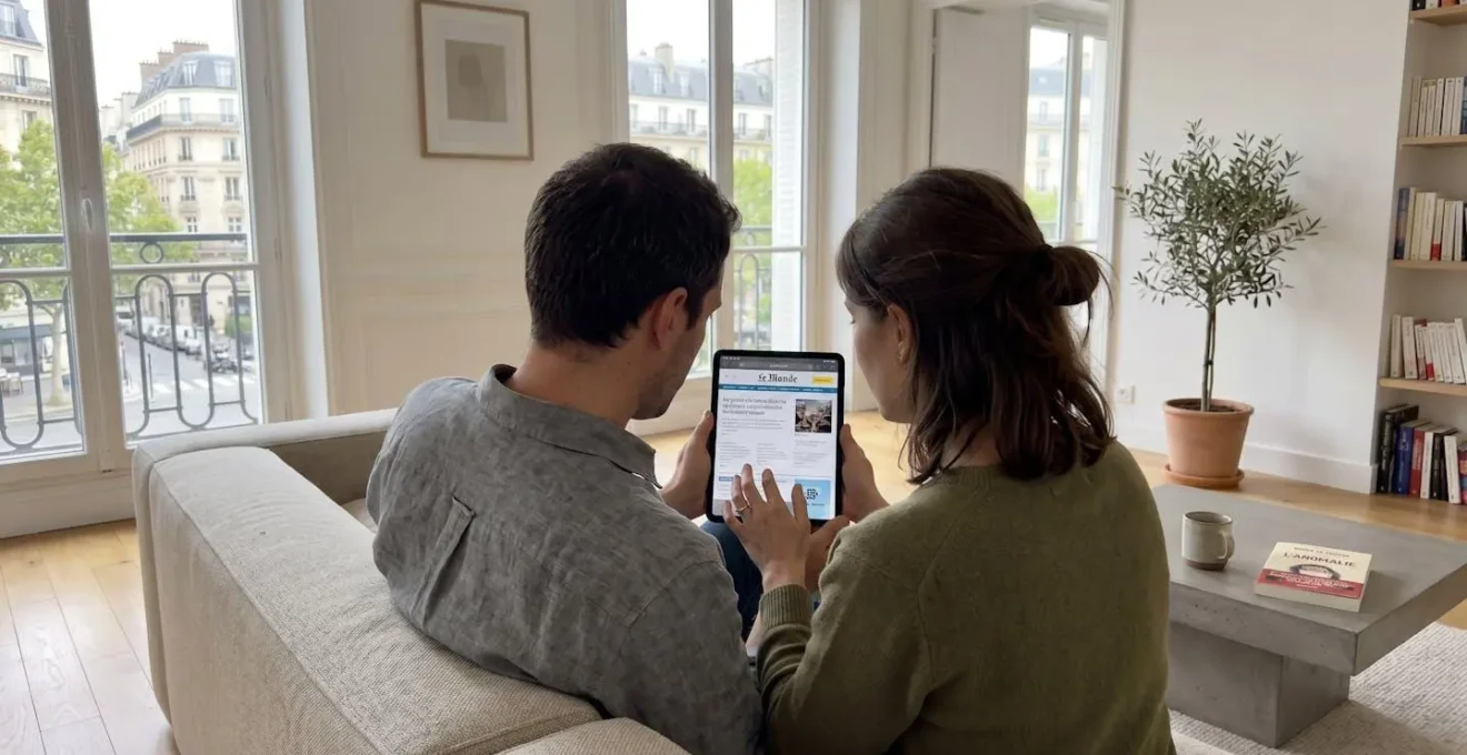 Un couple trentenaire assis côte à côte sur un canapé contemporain, consultant ensemble une tablette dans un salon lumineux avec baie vitrée