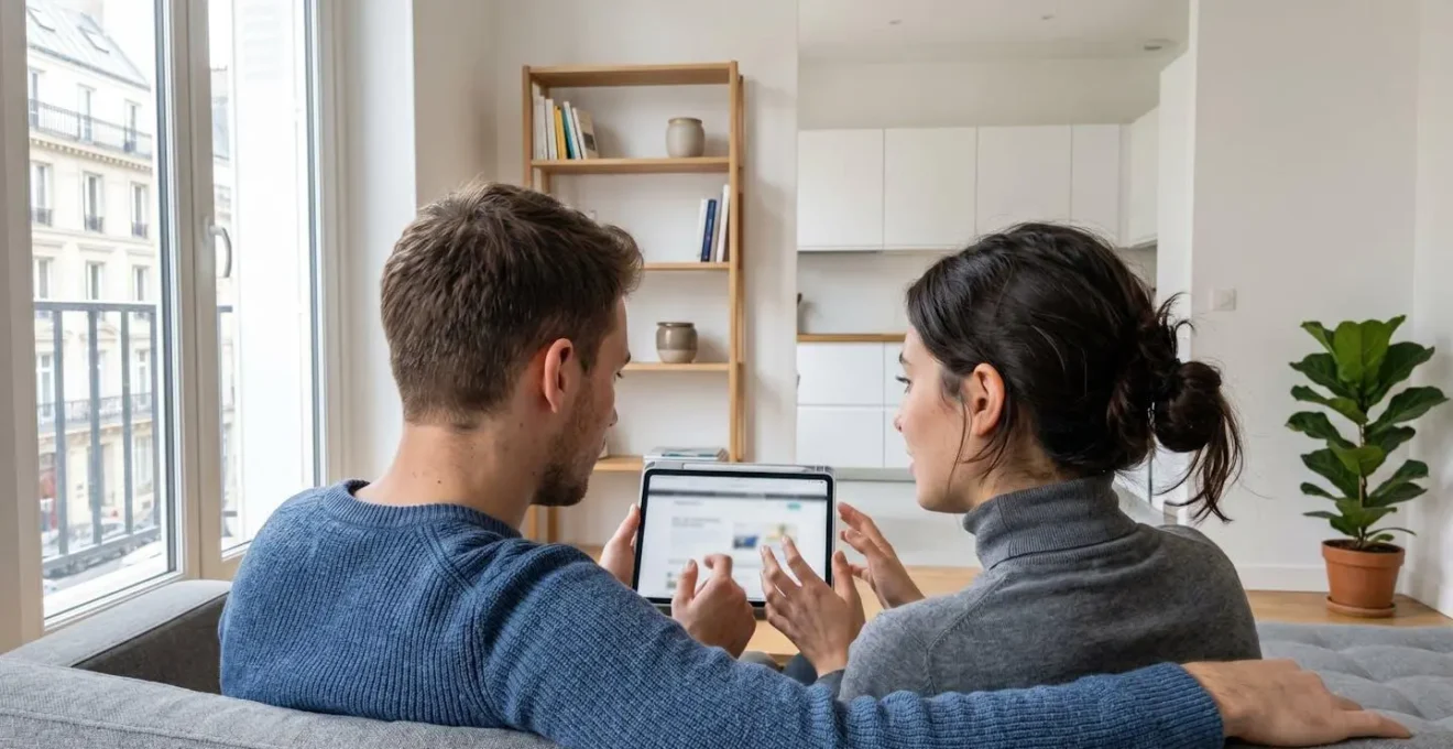 Un couple trentenaire assis côte à côte sur un canapé contemporain, consultant ensemble une tablette dans un salon lumineux avec baie vitrée