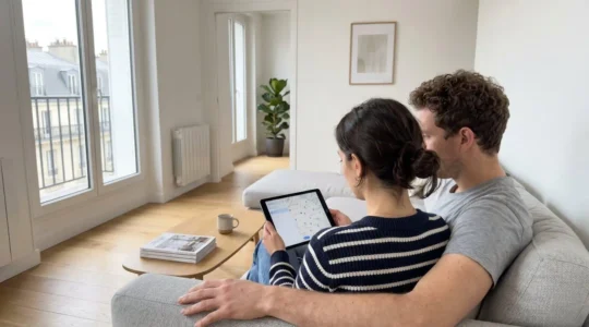 Un couple trentenaire assis côte à côte sur un canapé contemporain, consultant ensemble une tablette dans un salon lumineux avec baie vitrée