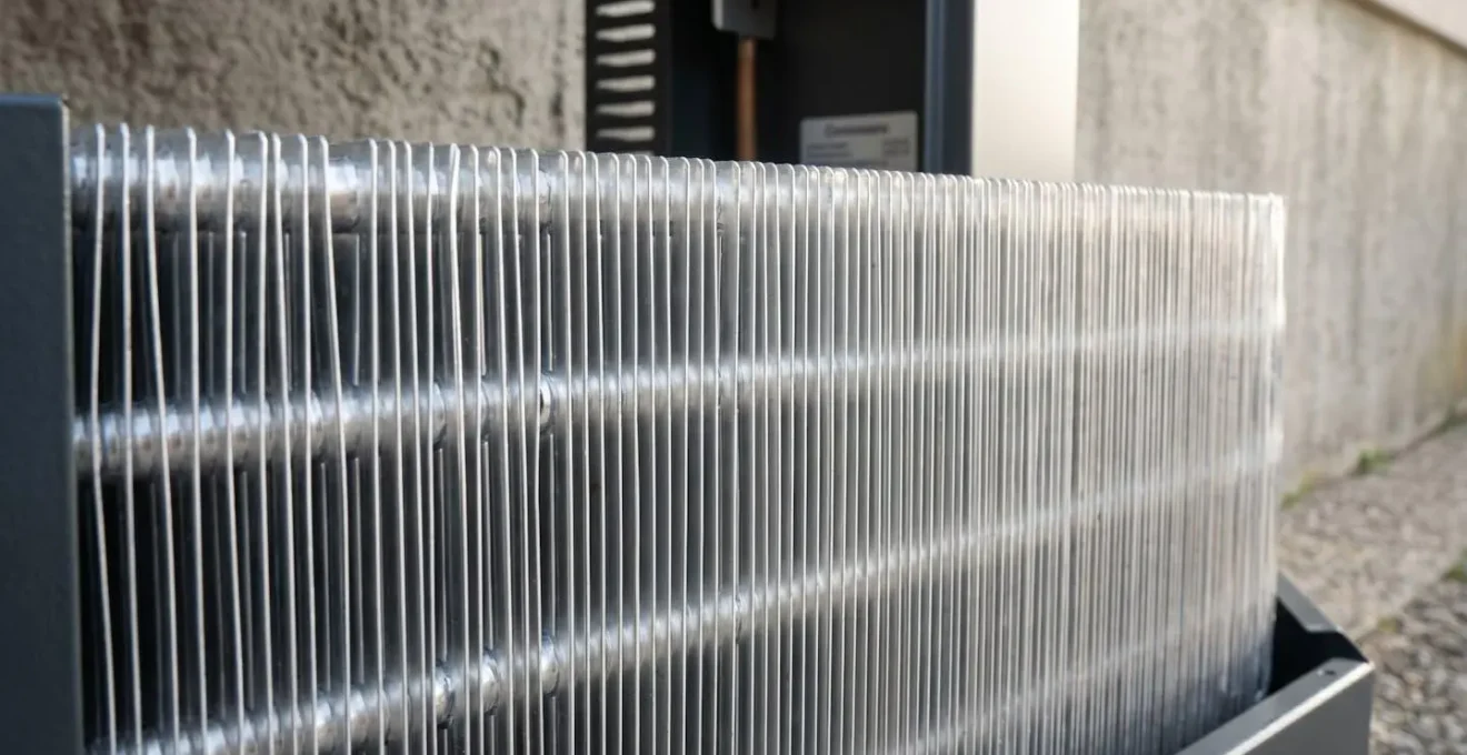 Gros plan sur les ailettes métalliques d'une unité extérieure de pompe à chaleur moderne avec arrière-plan flouté