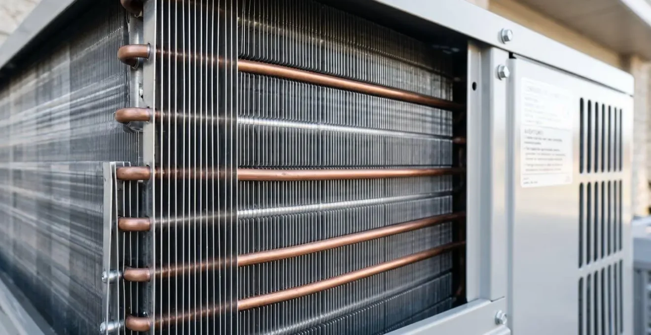 Gros plan sur les ailettes métalliques d'une unité extérieure de pompe à chaleur moderne avec arrière-plan flouté