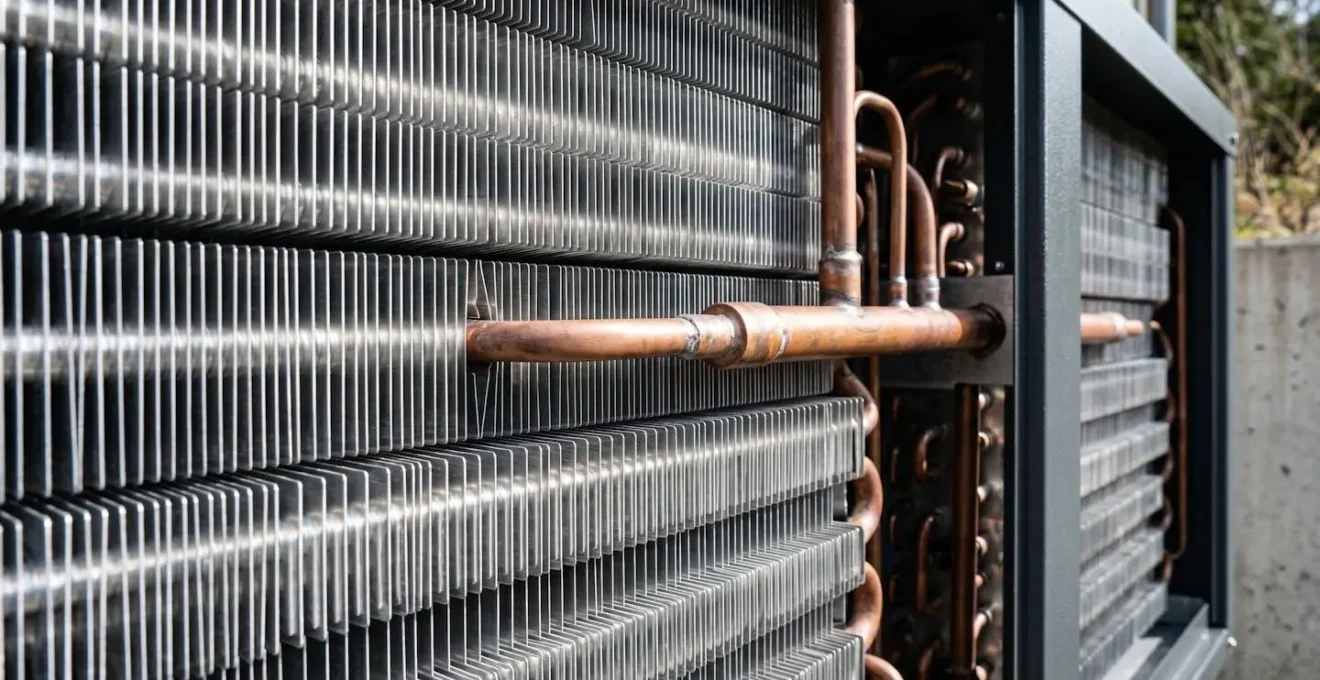 Gros plan sur les ailettes métalliques d'une unité extérieure de pompe à chaleur moderne avec arrière-plan flouté