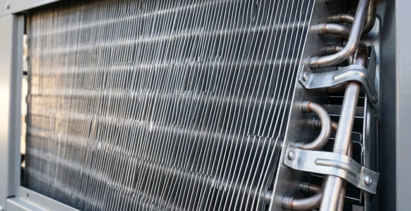 Gros plan sur les ailettes métalliques d'une unité extérieure de pompe à chaleur moderne avec arrière-plan flouté
