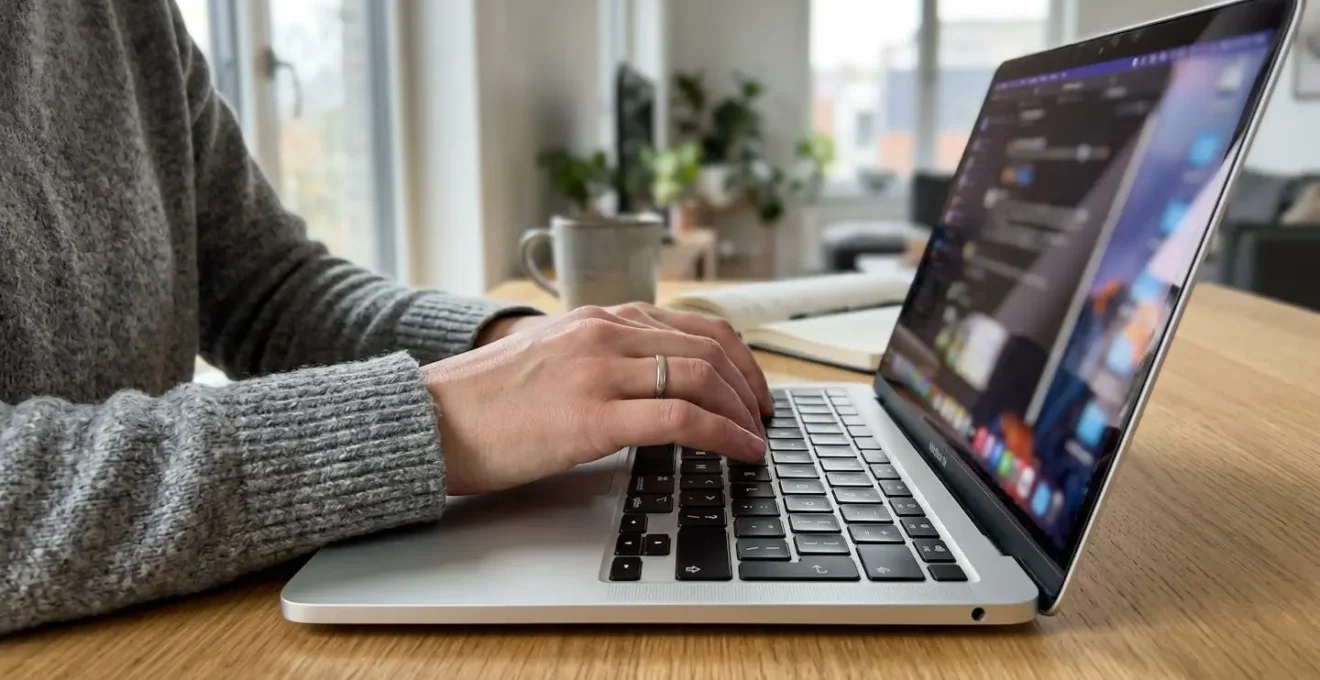 Gros plan sur une main tapant sur le clavier d'un ordinateur portable moderne, écran totalement flouté en arrière-plan, dans un bureau épuré