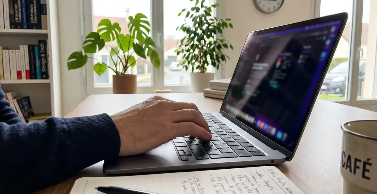 Gros plan sur une main tapant sur le clavier d'un ordinateur portable moderne, écran totalement flouté en arrière-plan, dans un bureau épuré
