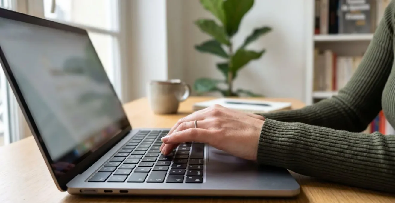 Gros plan sur une main tapant sur le clavier d'un ordinateur portable moderne, écran totalement flouté en arrière-plan, dans un bureau épuré
