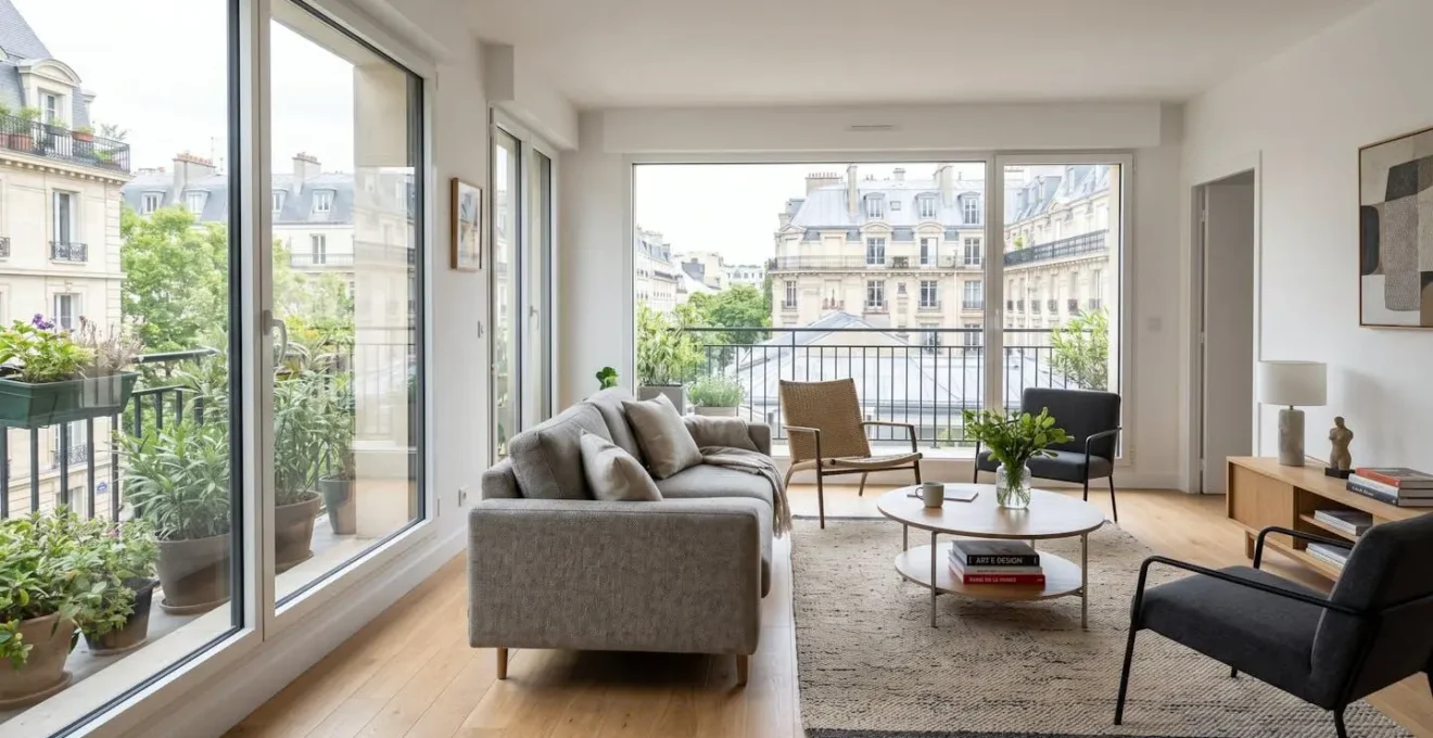 Intérieur d'un salon moderne avec grande baie vitrée laissant entrer la lumière naturelle, radiateurs muraux design visibles, décor épuré