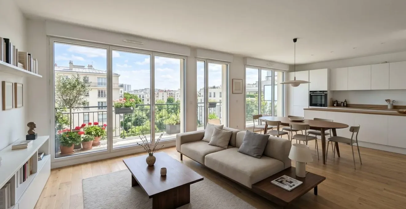 Intérieur d'un salon moderne avec grande baie vitrée laissant entrer la lumière naturelle, radiateurs muraux design visibles, décor épuré