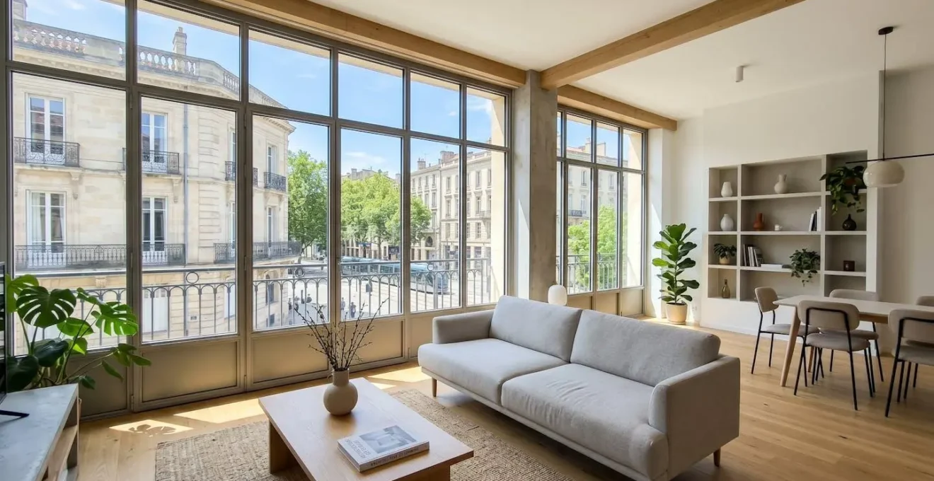 Intérieur d'un salon moderne avec grande baie vitrée laissant entrer la lumière naturelle, radiateurs muraux design visibles, décor épuré