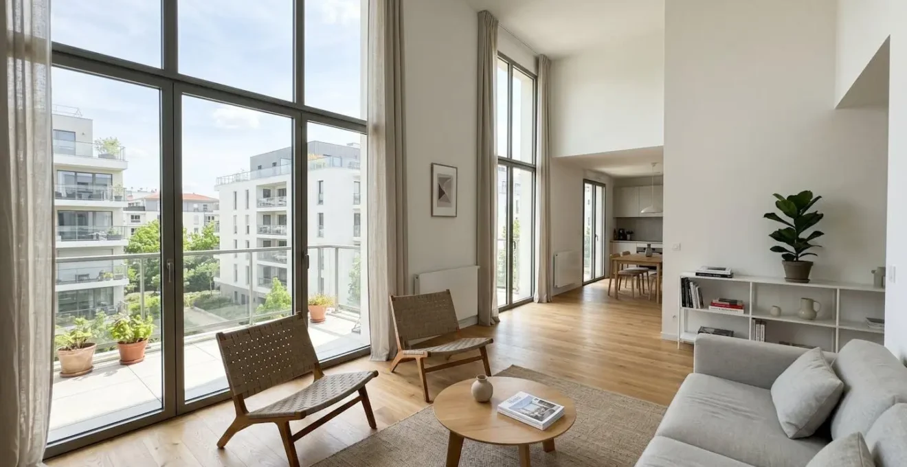 Intérieur d'un salon moderne avec grande baie vitrée laissant entrer la lumière naturelle, radiateurs muraux design visibles, décor épuré