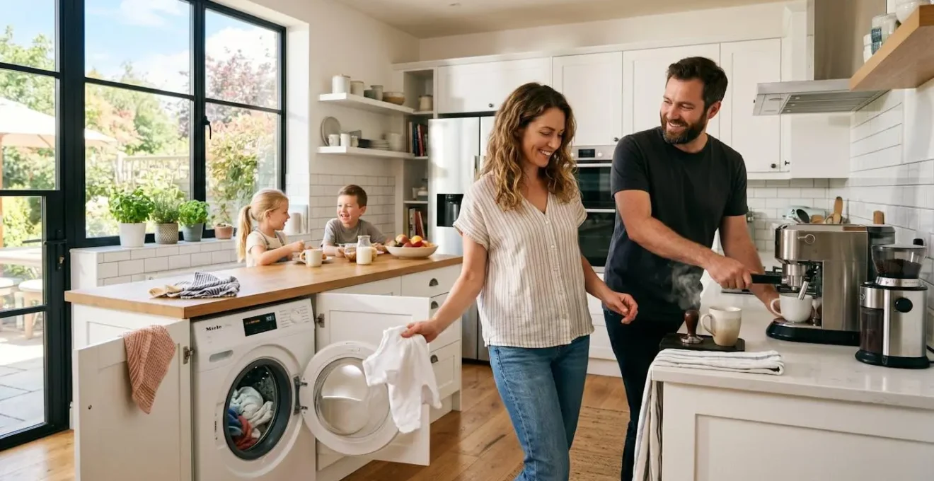 Famille dans une cuisine lumineuse le matin, utilisant des appareils électroménagers pendant les heures de fort ensoleillement