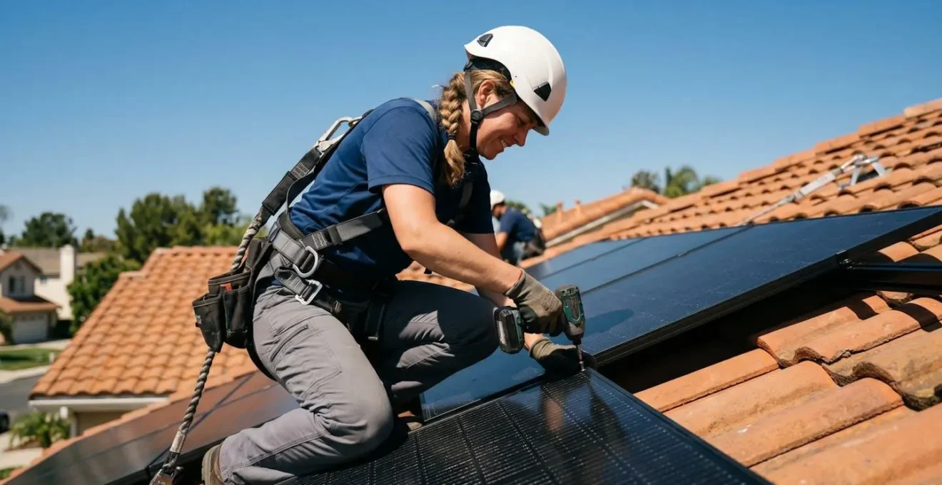 Technicien en train d'installer des panneaux solaires sur une toiture en tuiles rouges sous un ciel clair