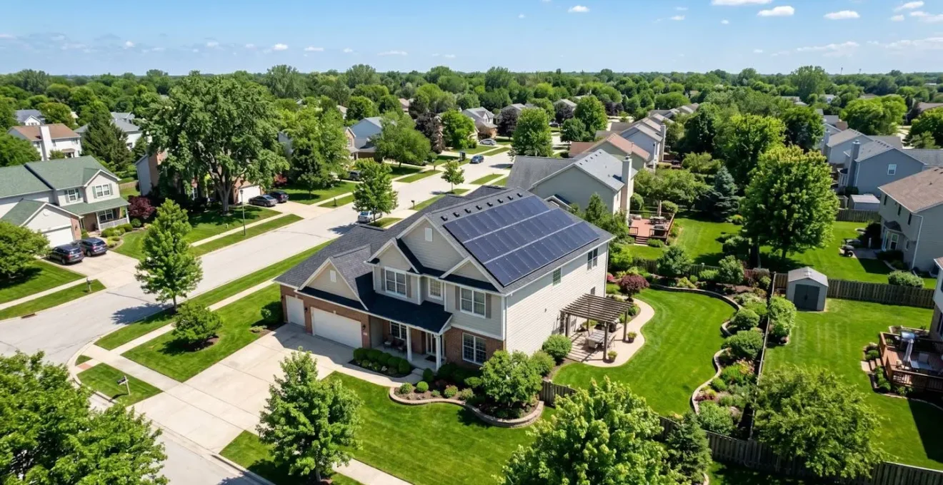 Vue aérienne d'une maison individuelle avec des panneaux solaires sur toiture inclinée sous un ciel lumineux