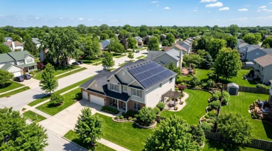 Vue aérienne d'une maison individuelle avec des panneaux solaires sur toiture inclinée sous un ciel lumineux