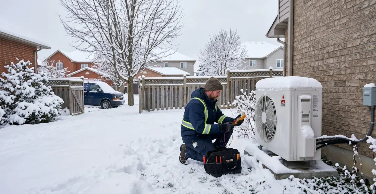 Technicien en train d'inspecter une unité extérieure de thermopompe dans un jardin enneigé au Québec en hiver