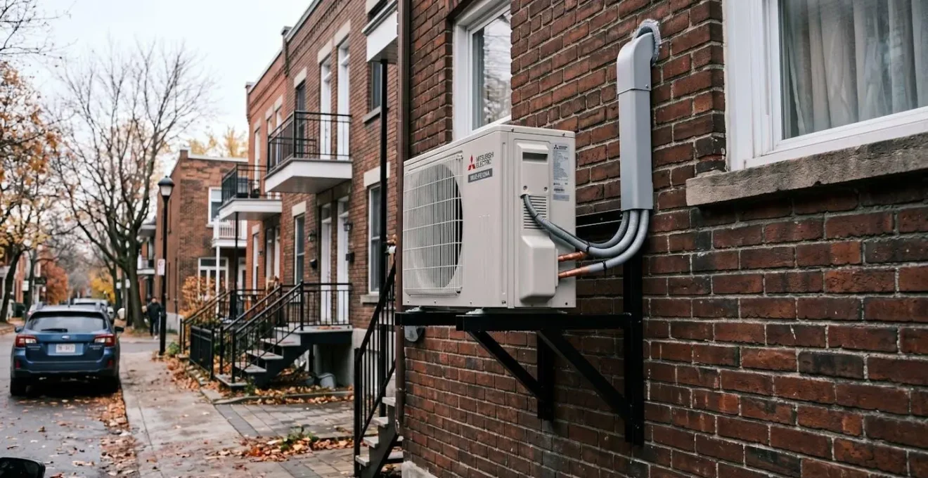 Unité extérieure de climatisation correctement installée sur façade résidentielle à Montréal
