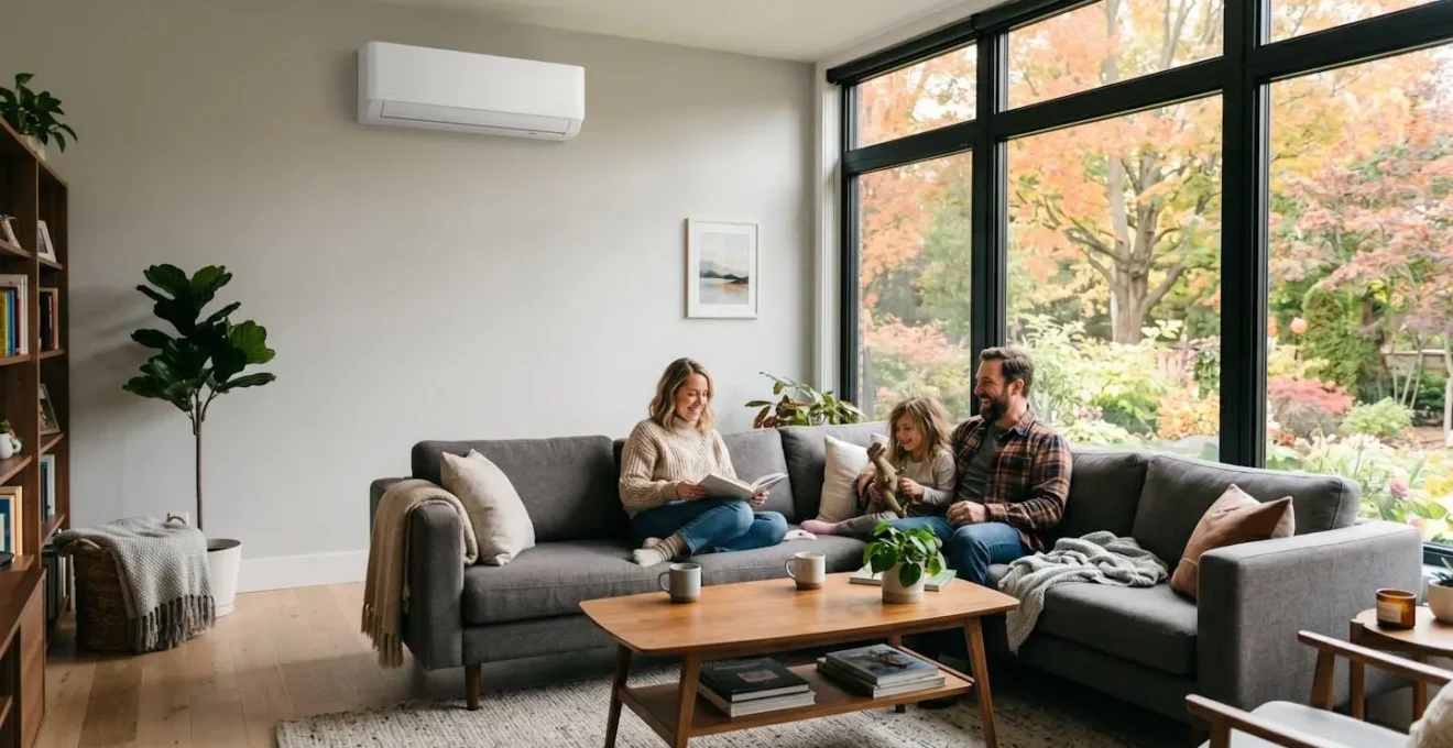 Unité intérieure murale d'une thermopompe installée dans un salon résidentiel québécois, famille en arrière-plan