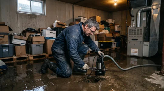 Plombier accroupi dans un sous-sol montréalais inondé installant une pompe submersible près d'un drain de plancher après un refoulement d'égout.
